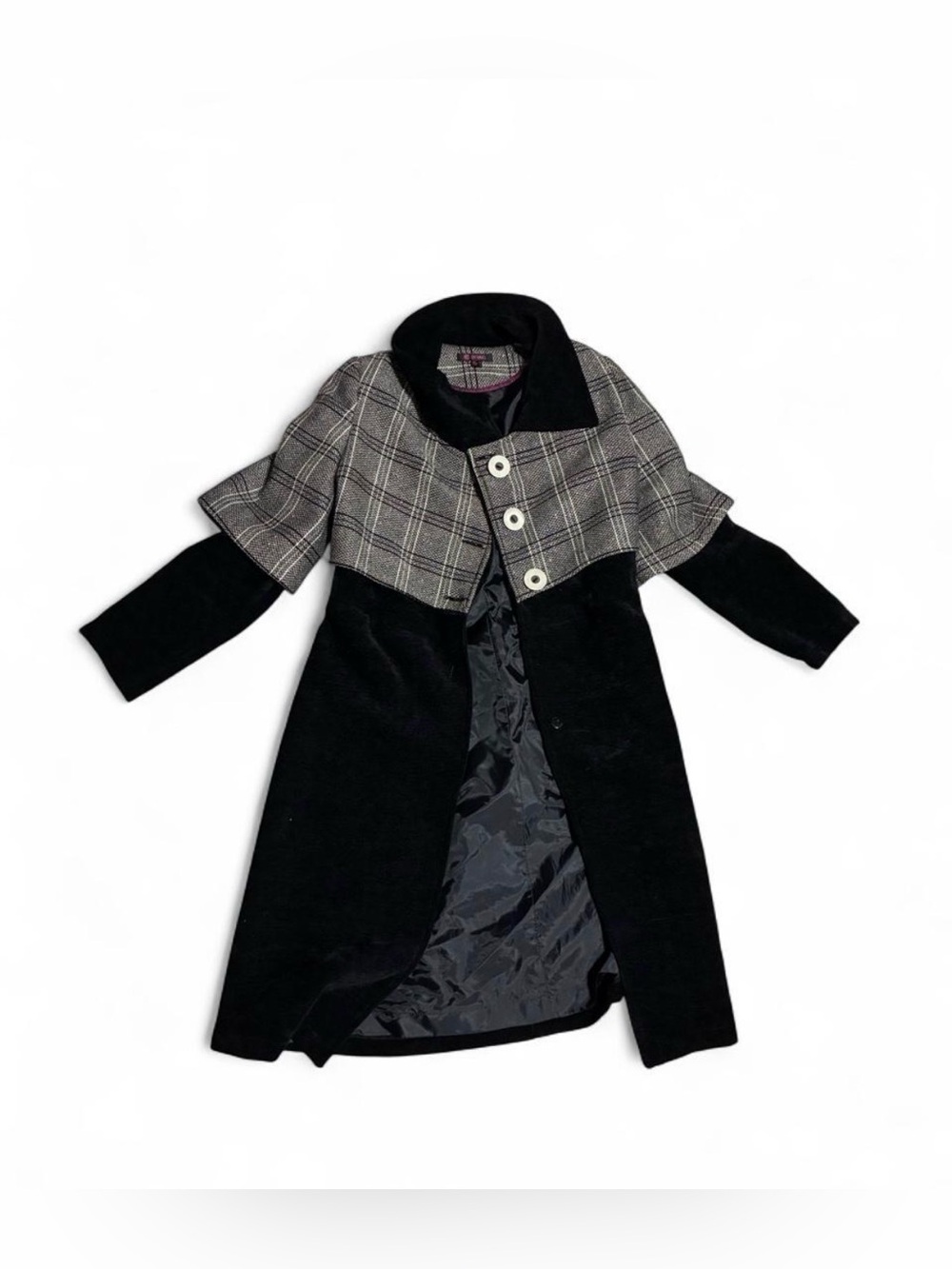 Vintage Black & Gray Plaid Cape-Back Coat - size S